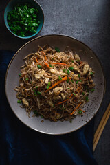 Chinese Egg Noodles flat lay - egg noodles with carrots and spring onions