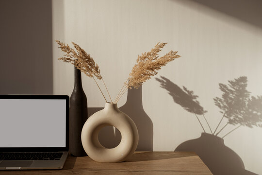 Laptop computer with blank screen on table with pampas grass bouquet in sunlight shadows on the wall. Aesthetic influencer boho styled office workspace interior design template with mockup copy space