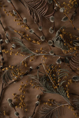 Flat lay, top view. Floral pattern with small mimosa flowers, juniper, pussy willow on brown background. Spring or summer concept. A background with flowers.