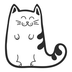 A cat with narrowed eyes stands upright on its hind legs. Hand-drawn cat character. Outline. Isolated on a white background.