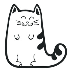 A cat with narrowed eyes stands upright on its hind legs. Hand-drawn cat character. Outline. Isolated on a white background.
