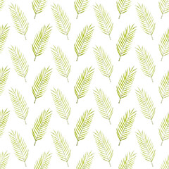 Green palm leaves seamless pattern. Repeat foliage wallpaper. Botanical illustration.