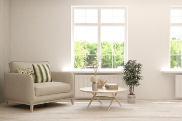 White living room with armchair and green landscape in window. Scandinavian interior design. 3D illustration