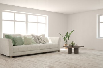 White living room with sofa. Scandinavian interior design. 3D illustration