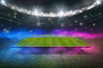 textured soccer game field with neon fog - center, midfield. 3D-Illustration