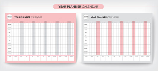 Calendar yearly planner template. Wall calendar design, Printable template, Week starts on Monday. Vector stationery design, You can use it every year, Vector EPS10.