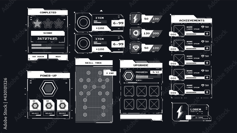 Poster Menu of graphical user interface GUI to build 2D games. Hud user interhace concept for mobile app.
