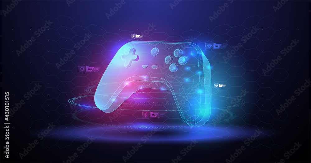 Wall mural Vector illustration with hud elements. Wireless controller gamepad for play games. Neon glowing gamepad. Cloud Gaming concept.