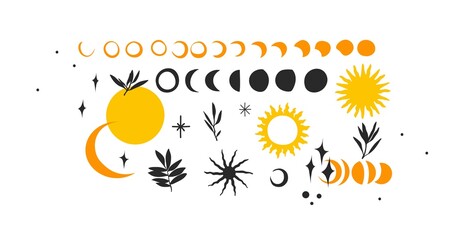 Hand drawn vector abstract stock flat graphic illustrations icons collection set with logo elements,magic sacred boho moon phases,stars,sun silhouettes in simple style isolated on white background