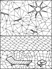 Doodle fantasy sea landscape coloring page for adults. Fantastic graphic artwork. Hand drawn simple illustration.