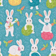 Easter Bunny and Easter eggs with floral pattern -  Seamless pattern. Background for fabric, textile, wallpaper, poster, web site, card, gift wrapping paper 
