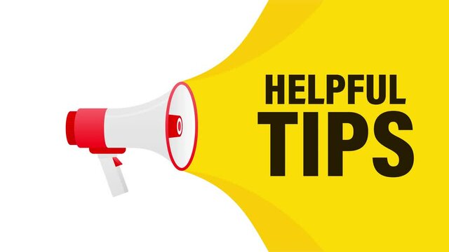 Helpful tips megaphone yellow banner in 3D style on white background. Motion graphics.