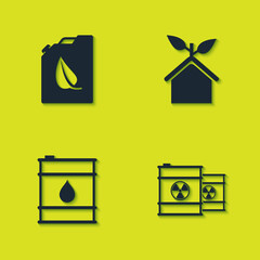 Set Bio fuel canister, Radioactive waste in barrel, Oil and Eco friendly house icon. Vector