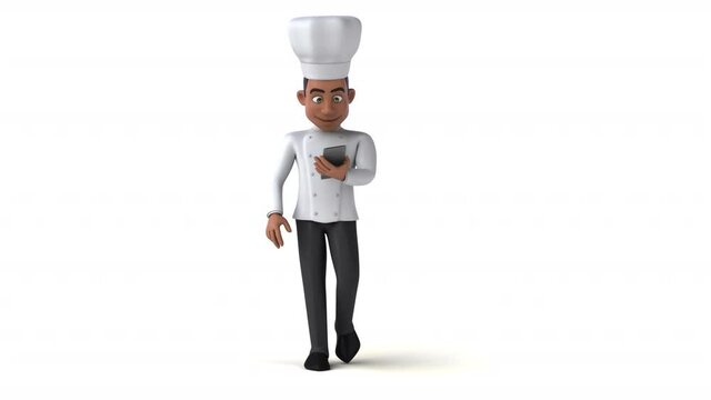 Fun 3D cartoon chef walking with a smartphone