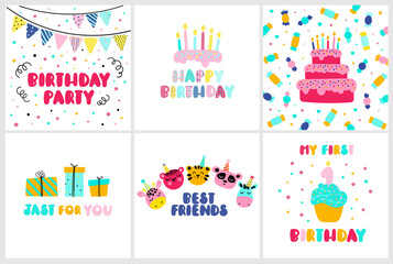 A set of happy birthday cards with cake and gifts. Vector illustrations in cartoon style. Animal faces.