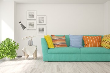 White living room with colorful sofa. Scandinavian interior design. 3D illustration