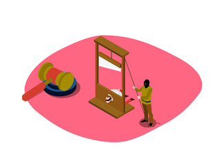 Medieval death penalty vector concept. Medieval executioner using a guillotine to executing prisoner