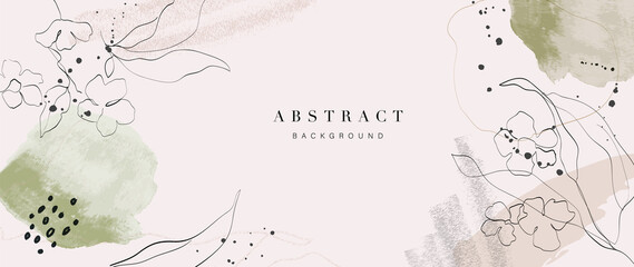 Abstract art background vector. Luxury minimal style wallpaper with golden line art flower and botanical leaves, Organic shapes, Watercolor. Vector background for banner, poster, Web and packaging.