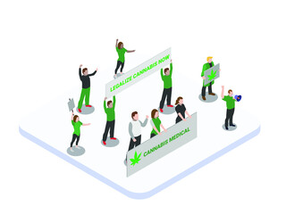 Cannabis legalization vector concept. Group of young activists protesting with banners while calling together to legalize cannabis