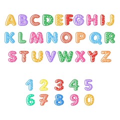 English alphabet for kids, hand drawn colorful letters and numbers. Vector illustration