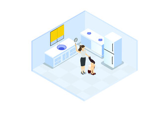 Domestic violence vector concept. Young woman hitting her crying daughter with a frying pan while standing in the kitchen