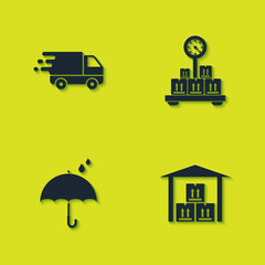 Set Delivery truck in movement, Warehouse, Umbrella and rain drops and Scale with cardboard box icon. Vector