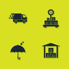 Fototapeta premium Set Delivery truck in movement, Warehouse, Umbrella and rain drops and Scale with cardboard box icon. Vector