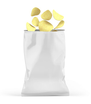 Blank Open Snack White Package Bag. Chips Packaging Isolated On White Beckground. 3d Rendering Mockup Template