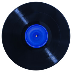 Black vinyl record in blue light isolated on white background.