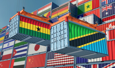 Freight containers with Ghana and Tanzania national flags. 3D Rendering 