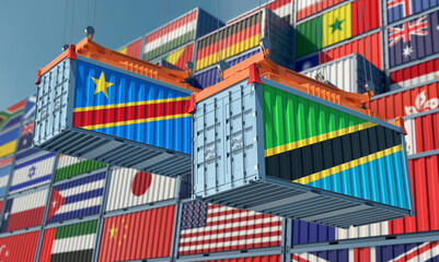 Freight containers with Democratic Republic of the Congo and Tanzania national flags. 3D Rendering 