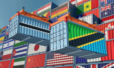 Freight containers with Botswana and Tanzania national flags. 3D Rendering 