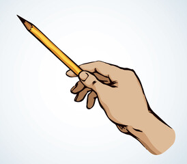 Hand points with a pencil. Vector drawing