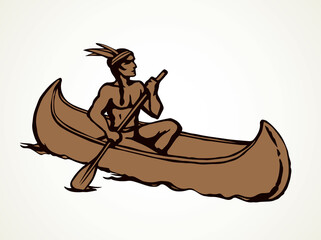 Native American in a canoe. Vector drawing