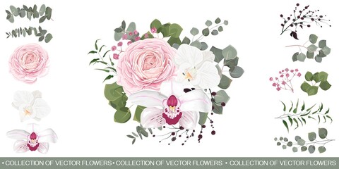 Vector set with red roses and various plants. White orchids, pink roses, gypsophila, berries, eucalyptus, green plants and leaves. All elements are isolated.
