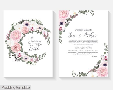 Vector floral template for wedding invitations. Pink roses, white anemones, orchids, berries, gypsophila, eucalyptus, green plants and flowers. Postcard for your text.