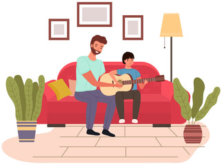 Father spend time with his child. Dad teaches his son how to play guitar. Parent and kid happy together at home. Musician teaches child to make music. Guitar and music lesson vector illustration