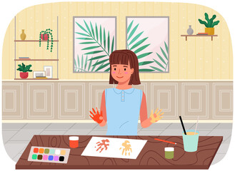 Little child girl drawing picture with watercolor. Drawing kid activity in art class. Child paints her hands with paint and leaves traces of palms on paper. Female character is engaged in creativity