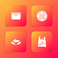 Set Lunch box, Say no to plastic bags poster, Fish care and Dead bird, icon. Vector