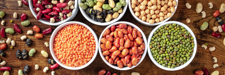 Legumes panorama. An assortment of various pulses, shot from above