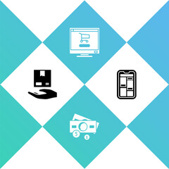 Set Delivery hand with boxes, Stacks paper money cash, Shopping cart computer and Online shopping phone icon. Vector