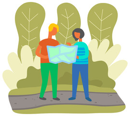 People holding map getting lost at nature. Tourists are looking for way to their destination during hike. Travelers get lost in forest or in park. Cartoon characters are exploring route on map