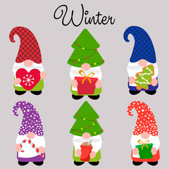 Set of Cute winter gnomes, vector illustration art.