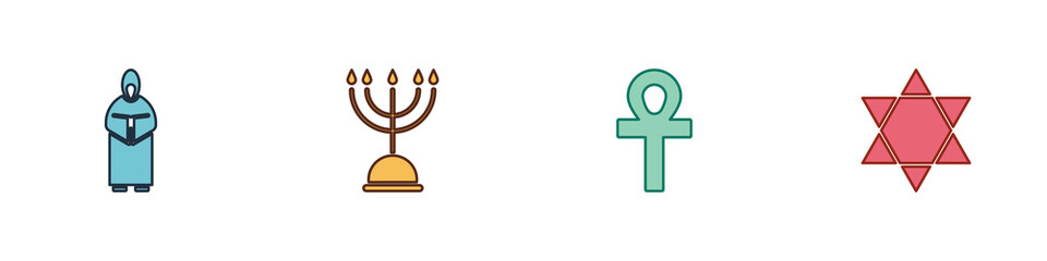 Naklejka premium Set Monk, Hanukkah menorah, Cross ankh and Star of David icon. Vector