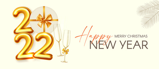Happy New 2022 Year Party poster template with 3D realistic text, champagne glasses, fir tree branches and gift box. Festive design. Christmas flyer template.
