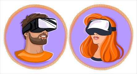 A set of stickers of illustrations in a circle. A girl and a guy in virtual reality glasses. Bright and stylish illustration for posters and postcards.