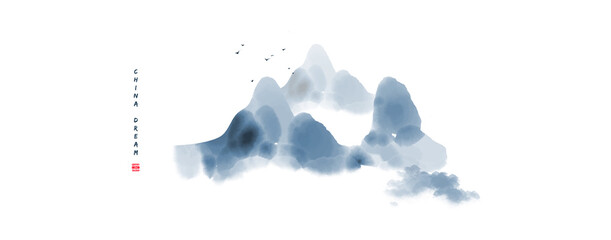 Chinese ink painted background with misty mountains. China dream.