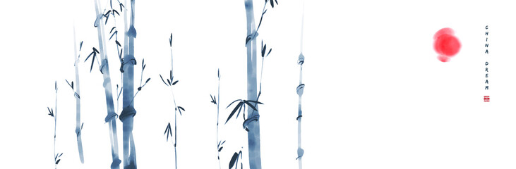 Chinese ink painted background with bamboo and sun. China dream - obrazy, fototapety, plakaty