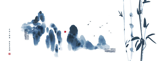 Chinese ink painted background with mountains, bamboo and sun. China dream. © feaspb