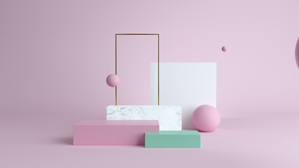 Abstract minimal scene with geometrical forms. Cube podiums in cream cwcase, shopfront,Scene to show cosmetic podructs. display case. 3d render. olors. Abstract background.  - 430107987